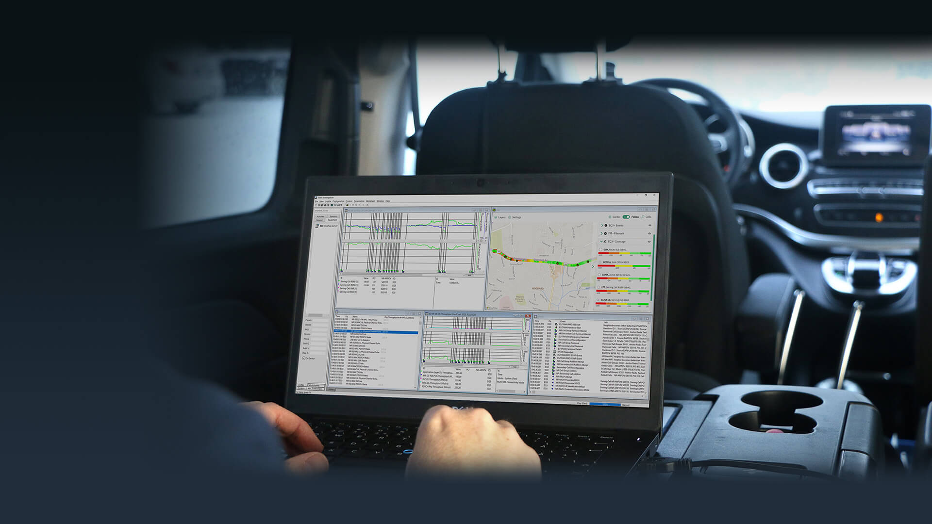 Drive test vehicle with 5G coverage map on screen