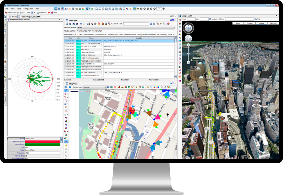 TEMS Discovery Device workspace showing map view, metric charts and message decoding